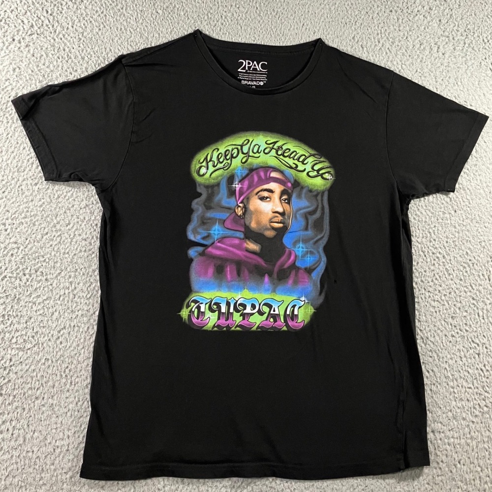 2Pac Keep Ya Head Up Graphic Tee Mens Large Black Streetwear Airbrush Portrait